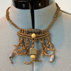 Boho hand-made rope necklace with shell and wooden beads
